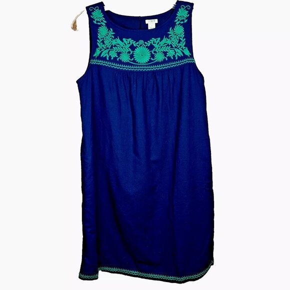 J. Crew Linen Blend Navy Embroidered Fully Lined Sleeveless Casual Dress Size S - Picture 1 of 7